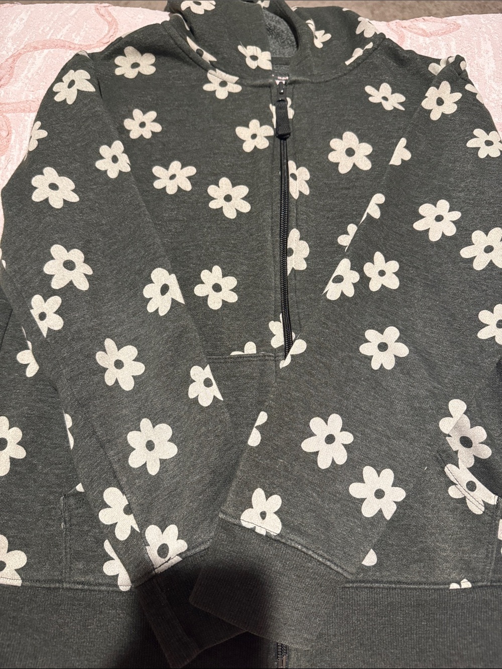 Girls Charcoal Gray Floral Half-Zip Hoodie Sweater